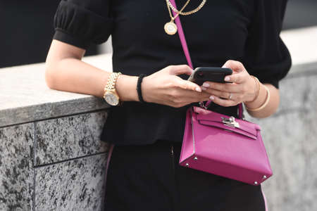 September 20, 2018: Milan, Italy -  Street style outfit during Milan Fashion Week - MFWSS19のeditorial素材