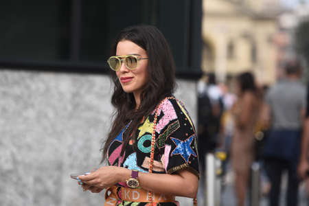 September 20, 2018: Milan, Italy -  Street style outfit during Milan Fashion Week - MFWSS19のeditorial素材