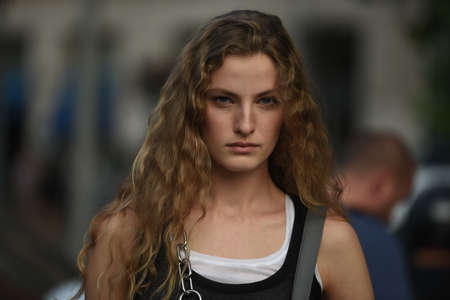 September 20, 2018: Milan, Italy -  Street style outfit during Milan Fashion Week - MFWSS19のeditorial素材