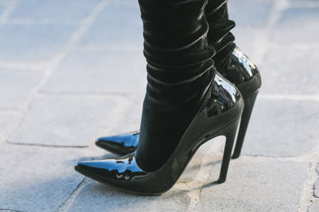 Paris, France - February 27, 2019: Street style outfit -  Fancy shoes after a fashion show during Paris Fashion Week - PFWFW19のeditorial素材