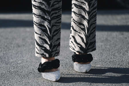 Paris, France - February 27, 2019: Street style outfit -  Fancy shoes after a fashion show during Paris Fashion Week - PFWFW19のeditorial素材