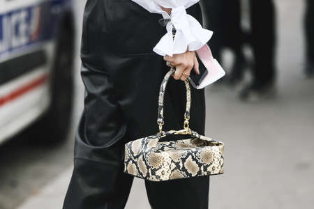 Paris, France - February 28, 2019: Street style outfit after a fashion show during Paris Fashion...