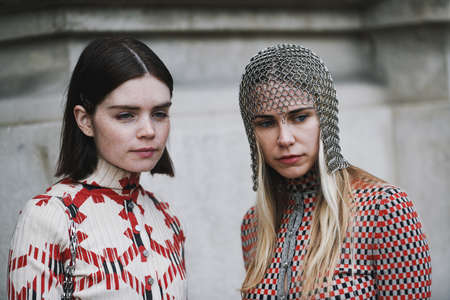 Paris, France - February 28, 2019: Street style outfit -  Reese Blutstein, Courtney Trop before a fashion show during Paris Fashion Week - PFWFW19のeditorial素材