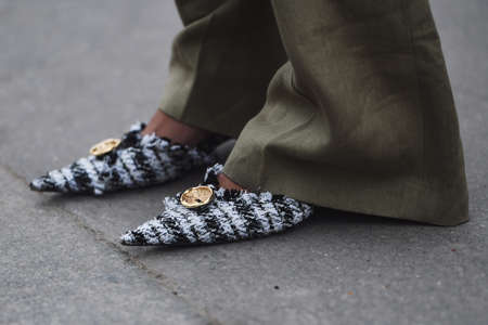 Paris, France - February 28, 2019: Street style outfit -  Shoes in detail before a fashion show...