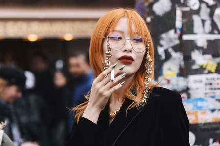 Paris, France - February 28, 2019: Street style outfit -  before a fashion show during Paris Fashion Week - PFWFW19のeditorial素材