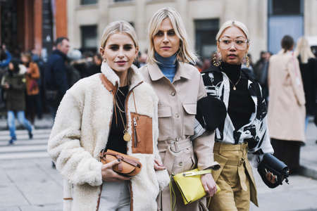 Paris, France - March 01, 2019: Street style outfit -  Caroline Daur, Linda Tol, Vanessa Hong after a fashion show during Paris Fashion Week - PFWFW19のeditorial素材