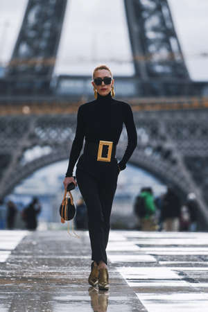 Paris, France - March 02, 2019: Street style outfit -  Elina Halimi after a fashion show during Paris Fashion Week - PFWFW19のeditorial素材