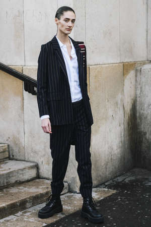 Paris, France - March 02, 2019: Street style outfit -   after a fashion show during Paris Fashion Week - PFWFW19のeditorial素材