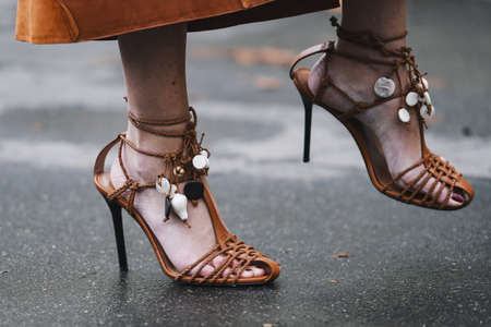 Paris, France - March 02, 2019: Street style outfit, close up, after a fashion show during Paris Fashion Week - PFWFW19のeditorial素材