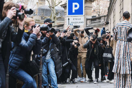 Paris, France - March 02, 2019: Street style photographers during Paris Fashion Week - PFWFW19のeditorial素材