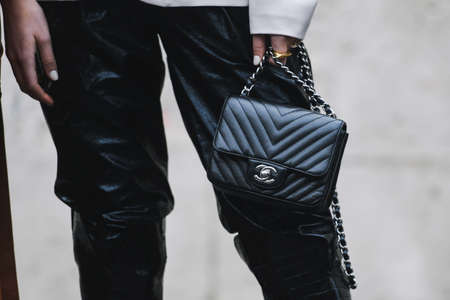 Paris, France - March 02, 2019: Street style outfit, close up, after a fashion show during Paris Fashion Week - PFWFW19のeditorial素材