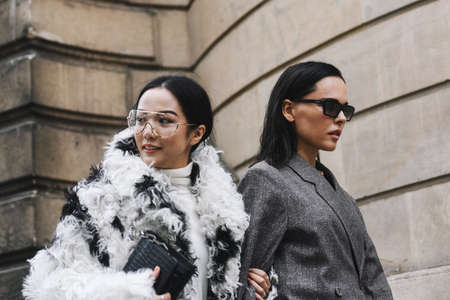 Paris, France - March 02, 2019: Street style outfit -  before a fashion show during Paris Fashion...