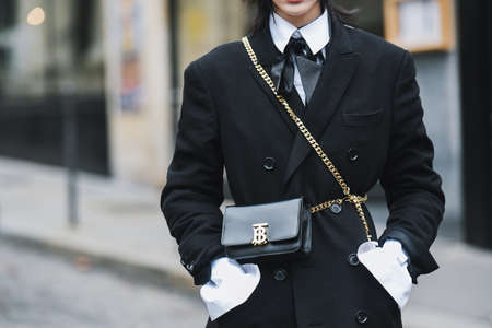 Paris, France - March 02, 2019: Street style outfit, close up, after a fashion show during Paris Fashion Week - PFWFW19のeditorial素材