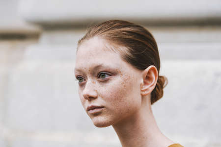 Paris, France - March 02, 2019: Model portrait after a fashion show during Paris Fashion Week - PFWFW19のeditorial素材