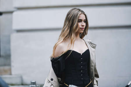 Paris, France - March 02, 2019: Street style outfit -   after a fashion show during Paris Fashion...
