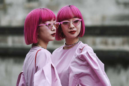 Paris, France - March 03, 2019: Street style outfit -  Ami Suzuki, Aya Suzuki after a fashion show during Paris Fashion Week - PFWFW19のeditorial素材