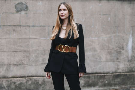 Paris, France - March 03, 2019: Street style outfit -  Pernille Teisbaek after a fashion show during...