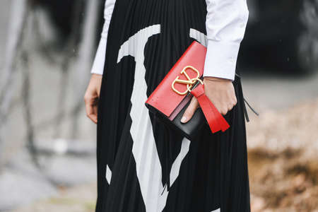 Paris, France - March 03, 2019: Street style outfit -  Valentino purse in detail  after a fashion show during Paris Fashion Week - PFWFW19のeditorial素材