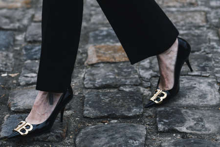 Paris, France - March 03, 2019: Street style outfit, shoes in detail, close up, after a fashion show during Paris Fashion Week - PFWFW19のeditorial素材