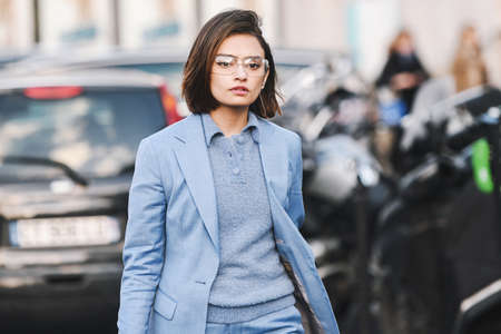 Paris, France - March 04, 2019: Street style outfit -  Fashionable person after a fashion show during Paris Fashion Week - PFWFW19のeditorial素材