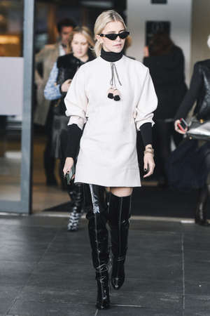 Paris, France - March 04, 2019: Street style outfit -  Caroline Daur after a fashion show during...