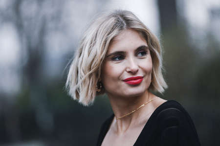Paris, France - March 03, 2019: Street style outfit -  Xenia Adonts after a fashion show during...