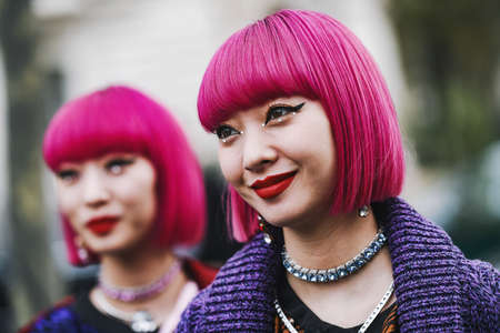 Paris, France - March 5, 2019: Street style outfit -  Ami Suzuki, Aya Suzuki before a fashion show during Paris Fashion Week - PFWFW19のeditorial素材
