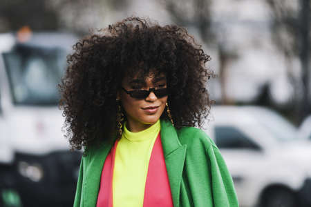 Paris, France - March 5, 2019: Street style outfit -  Leila Depina before a fashion show during...
