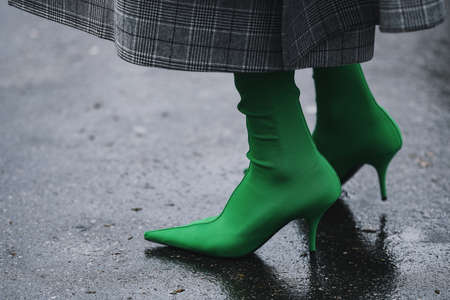 Paris, France - March 05, 2019: Street style outfit -  Fancy shoes in detail after a fashion show...
