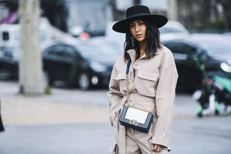 Paris, France - March 05, 2019: Street style outfit -  Fashionable person  after a fashion show...