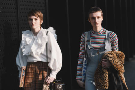 Milan, Italy - February 20, 2019: Street style outfits - models, bloggers and influencers before a fashion show during Milan Fashion Week - MFWFW19のeditorial素材