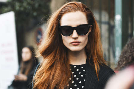 Milan, Italy - February 20, 2019: Street style outfit after a fashion show during Milan Fashion Week - MFWFW19のeditorial素材