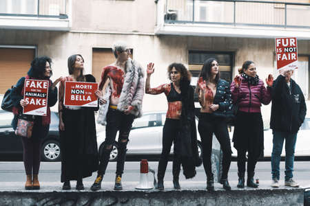 Milan, Italy - February 21, 2019: Animal rights activists protesting against the fashion industry during Milan Fashion Week â MFWFW19のeditorial素材