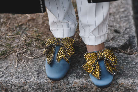 Milan, Italy - February 20, 2019: Street style - fancy shoes in detail after a fashion show during Milan Fashion Week - MFWFW19のeditorial素材