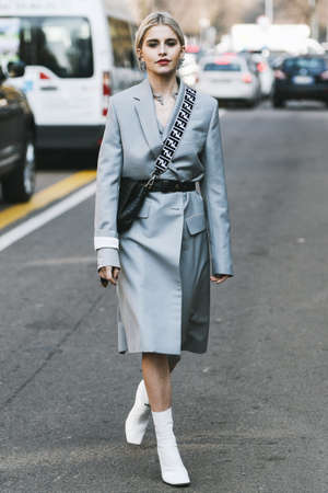 Milan, Italy - February 21, 2019: Street style - Influencer Caroline Daur after a fashion show during Milan Fashion Week - MFWFW19のeditorial素材