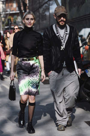 Milan, Italy - February 21, 2019: Street style â€“ Outfits after a fashion show during Milan...