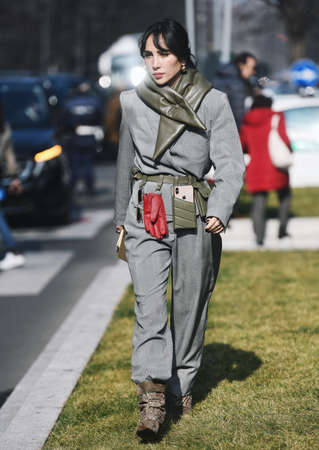 Milan, Italy - February 21, 2019: Street style â€“ Outfit before a fashion show during Milan...
