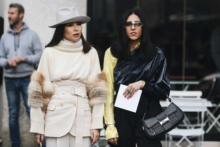 Milan, Italy - February 21, 2019: Street style â€“ Outfits after a fashion show during Milan...