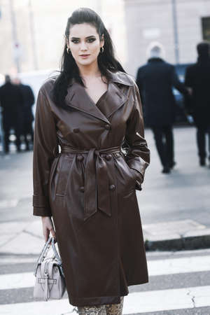 Milan, Italy - February 22, 2019: Street style - Influencer Catherine Poulain after a fashion show during Milan Fashion Week - MFWFW19のeditorial素材