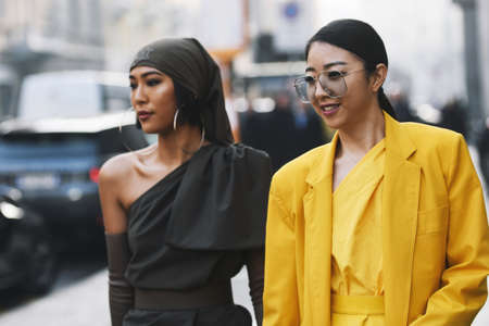Milan, Italy - February 21, 2019: Street style â Influencer Yuwei Zhangzou after a fashion show during Milan Fashion Week - MFWFW19のeditorial素材
