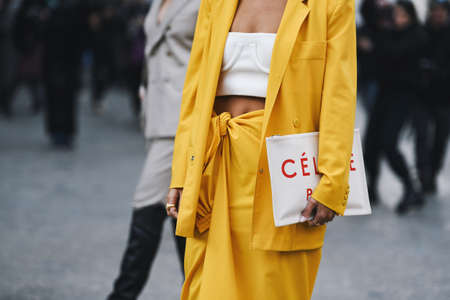 Milan, Italy - February 21, 2019: Street style â Detail of a Celine handbag before a fashion show during Milan Fashion Week - MFWFW19のeditorial素材