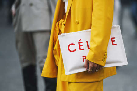 Milan, Italy - February 21, 2019: Street style â€“ Detail of a Celine handbag before a fashion...