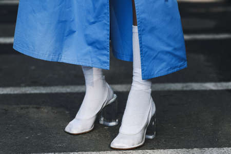 Milan, Italy - February 21, 2019: Street style â Shoes detail after a fashion show during Milan Fashion Week - MFWFW19のeditorial素材