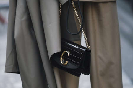 Milan, Italy - February 21, 2019: Street style â€“ Purse detail after a fashion show during...
