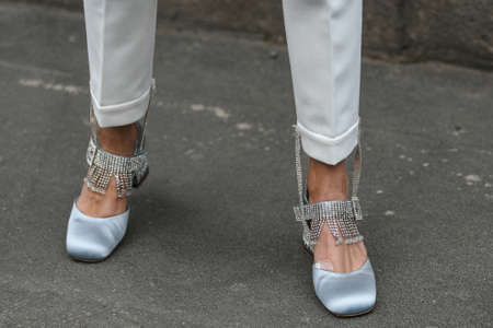 Milan, Italy - February 23, 2019: Street style â€“ Shoes detail after a fashion show during...