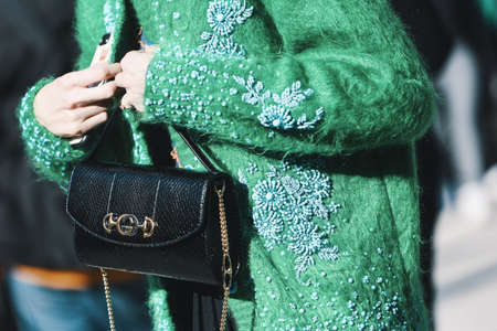Milan, Italy - February 22, 2019: Street style â Gucci purse detail after a fashion show during Milan Fashion Week - MFWFW19のeditorial素材