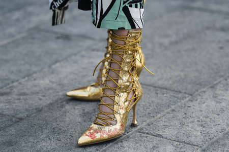 Milan, Italy - February 22, 2019: Street style â Fancy shoes in detail during Milan Fashion Week - MFWFW19のeditorial素材