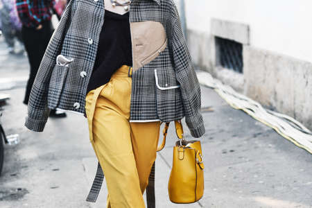 Milan, Italy - February 22, 2019: Street style â Outfit detail after a fashion show during Milan Fashion Week - MFWFW19のeditorial素材