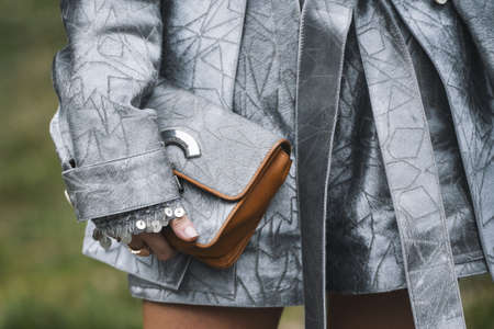 Milan, Italy - February 23, 2019: Street style  Roberto Cavalli outfit detail before a fashion show during Milan Fashion Week - MFWFW19のeditorial素材