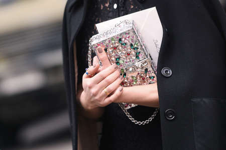 Milan, Italy - February 24, 2019: Street style â€“ Purse detail before a fashion show during...